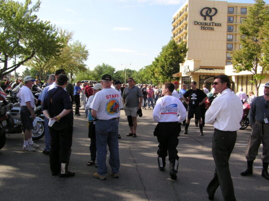 Riders and crews gather before the start Riders and crews gather before the start (2005 Iron Butt Rally, Denver)
