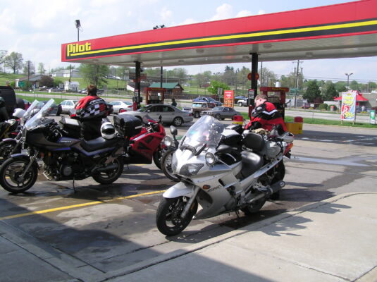 Bikes lined up at the pumps