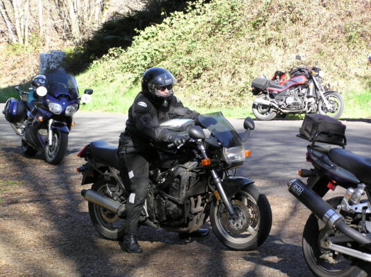 Suited up on the bike