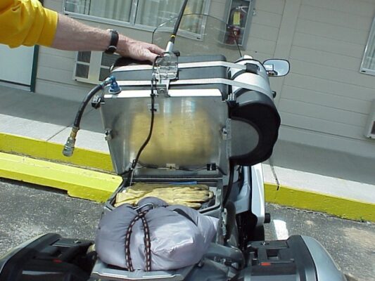 Rick Martin's storage under his trick hinged fuel cell.