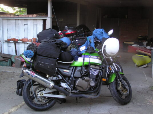 Green Kawasaki loaded for the trip