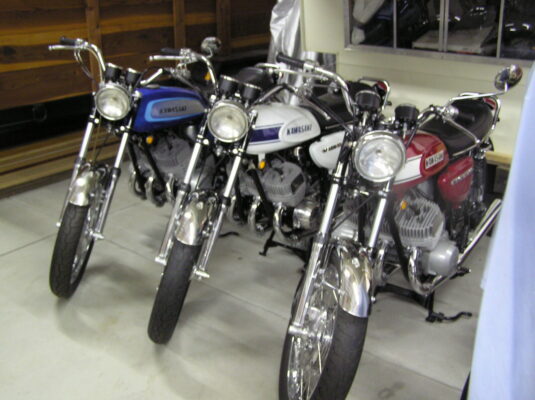 Classic Kawasakis in the garage