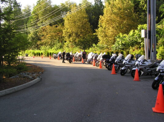 Bikes lined up at dusk